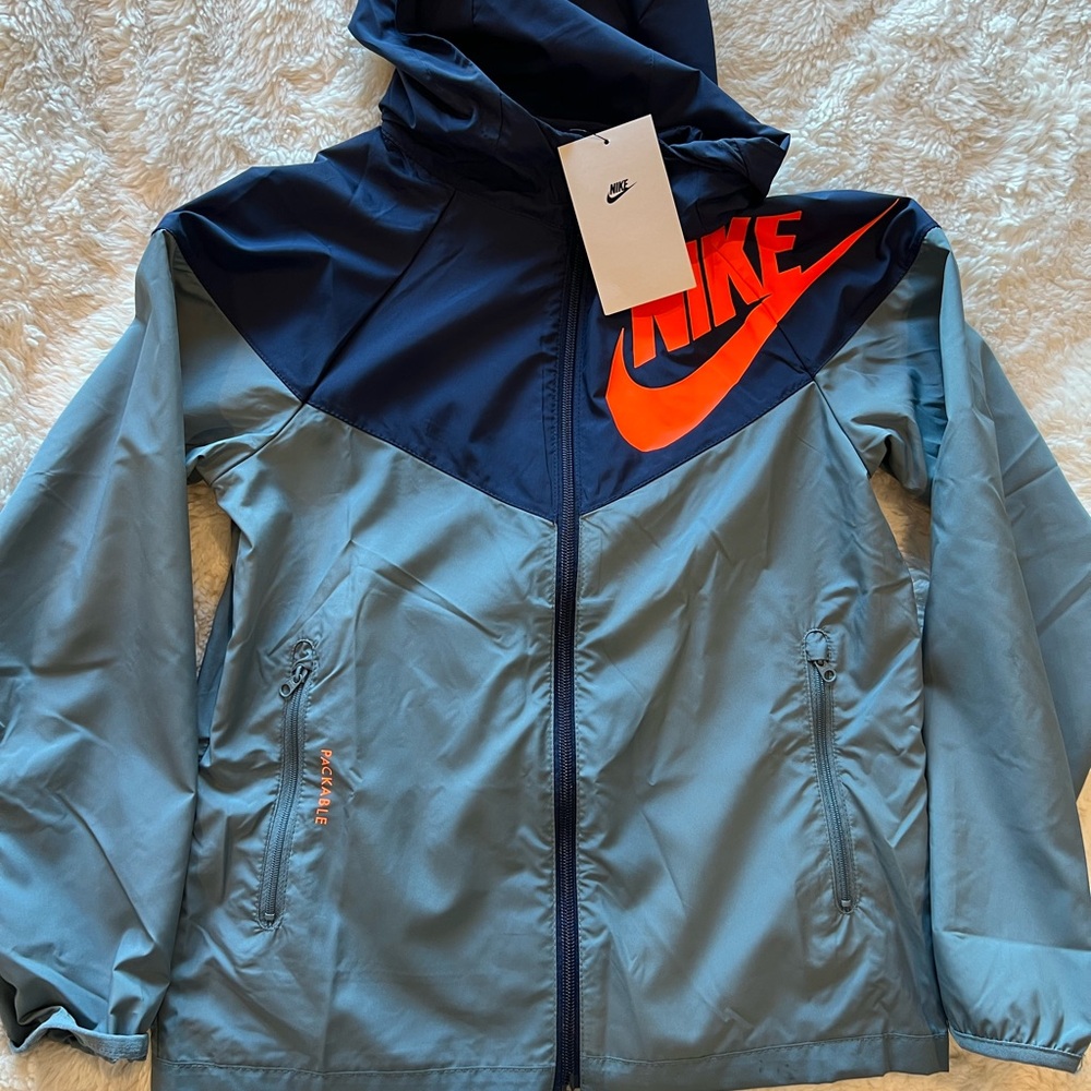 Nike Kids' Blue and Gray Jacket with Orange Logo